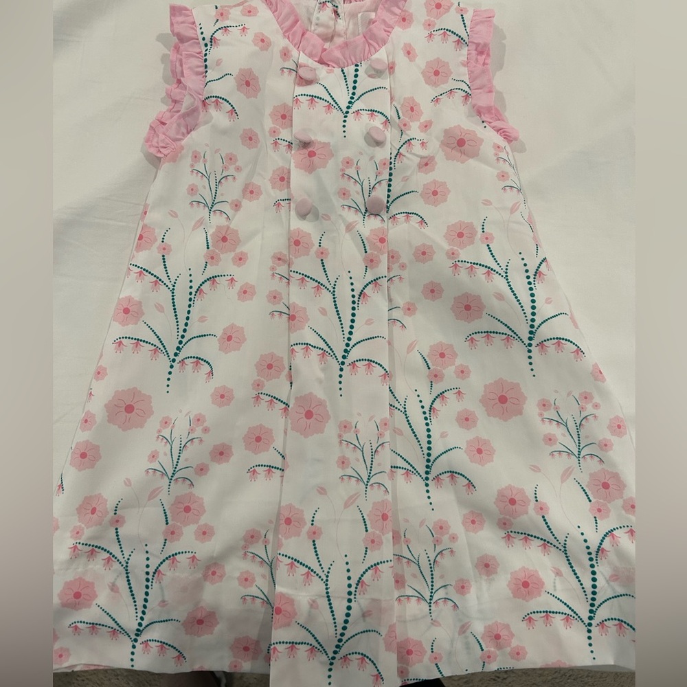 Charming Pink Floral Pleates Dress with covered buttons